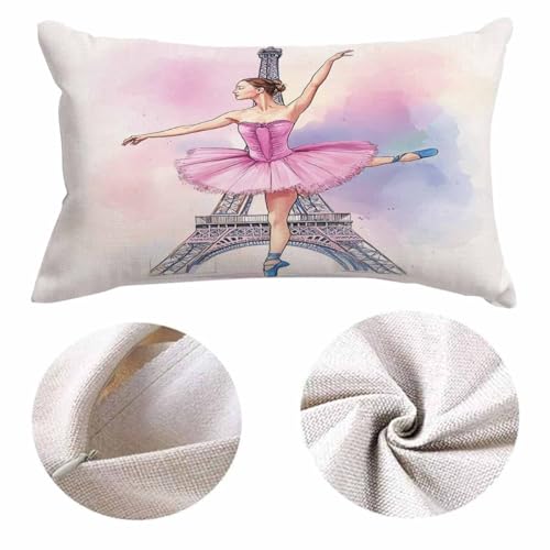 EKOBLA Eiffel Tower Accent Throw Pillow Covers Paris Beautiful Ballerina Girl Dancer Posing Oblong Rectangle Throw Pillow Cases for Sofa Bed Couch Cotton Linen 12x20 Inches - color: Multi-bs19