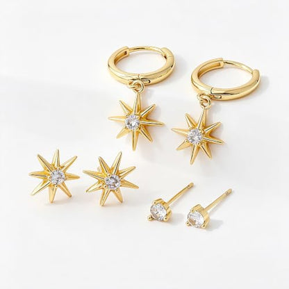 SHERLOVE Gold Earring Stacks Women 3Pairs Dangle Stud Huggie Hoop Set - color: 3 Pairs-Starburst 01 Stud Gold