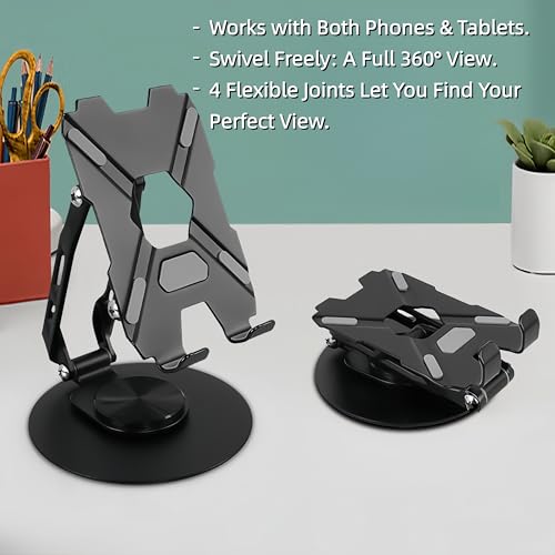 All-Metal Cell Phone Stand 360° Rotatable & Height Adjustable - 25KG Super Load-Bearing, Foldable Desk Stand for Phone, Compatible with iPhone 17/16/15/14, Nintendo Switch, Black - color: C-Quad-Fold - Black