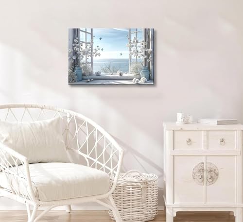 DAXINGJ Blue Coastal Butterfly Window Wall Art, Farmhouse Beach Framed - color: blue window, size: 16"L x 12"W