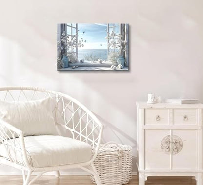 DAXINGJ Blue Coastal Butterfly Window Wall Art, Farmhouse Beach Framed - color: blue window, size: 16"L x 12"W