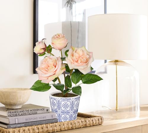 Hollyone Light Pink Real Touch Roses Artificial Flowers in Vase Blue and White Porcelain Ceramic Pot 13.4" Fake Roses Flower Arrangement Artificial Plants & Flowers Potted Plant Faux Silk Rose Flower - color: Rose 3 - Light Pink (13.4inch)