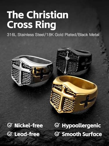 Christian Cross Rings for Men - Stainless Steel Jesus Jewelry with Celtic Knot Sides (Gold/Black/Silver) - Catholic Religious Gift, Size 7-13 - color: C-Gold-Cross