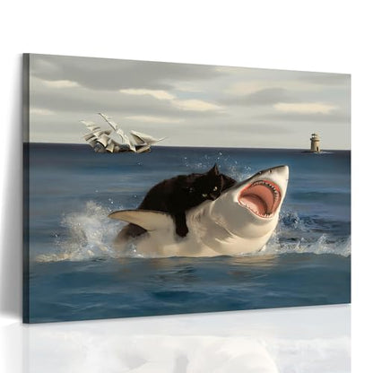 PYOYGU Funny Cat Wall Art, Black Cat Riding Shark, Quirky Canvas Wall Art - color: Cat&Shark, size: 16"L x 12"W