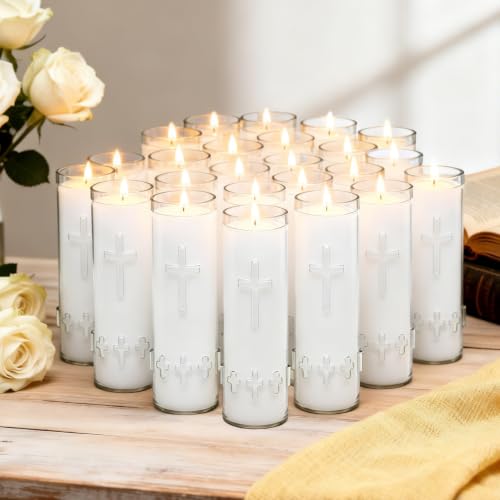 24 Pcs Blown Glass White Prayer Candle - Unscented, Smokeless, Long Burning & Safe Religious Catholic Candle for Church, Vigil, Memorial Services, and Daily Prayer - color: White, size: 24