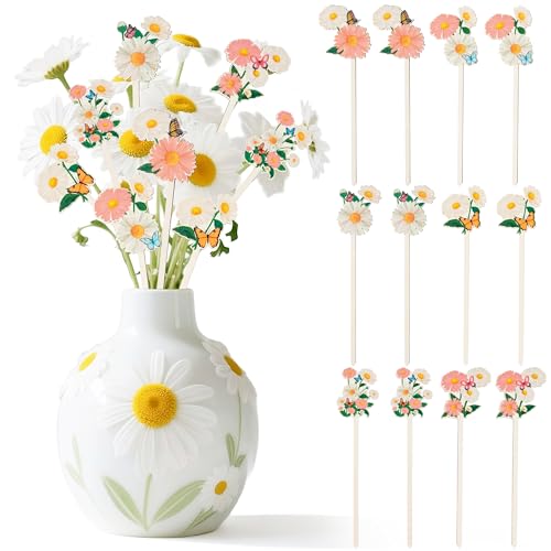 TICIAGA Daisy Flower with Butterfly Decorative Picks - 12PCS Double-sided Spring Daisy Wooden Picks for Farmhouse Home Vase Filler, Wildflower Floral Pick for Summer Holiday Decor Wedding Party Supply - color: Daisy With Butterfly