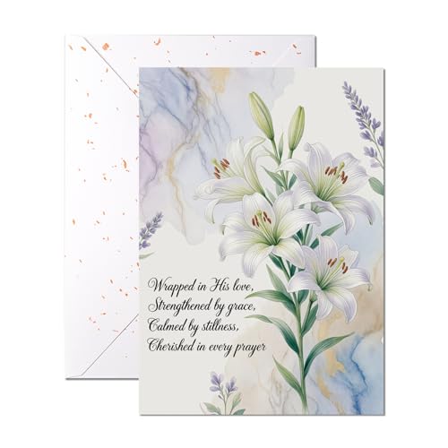 Religious Greeting Card White & Purple Lily Bouquet Floral Design – 5x7 Inch Religious Card with Envelope for Easter Sympathy Baptism Confirmation Prayer – Faith Encouragement Elegant Floral Card — Single Card - color: White & Purple Lily Bouquet