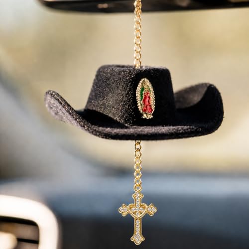 Cowboy Hat Cross Car Charm, Baptism Rear View Mirror Charm - color: Virgin Mary