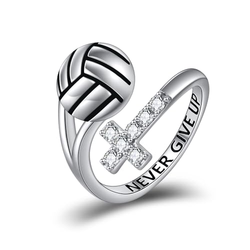YFN Sport Ring Sterling Silver Cross Adustable Ring Never Give Up Jewelry Gifts for Women - color: Volleyball Ring