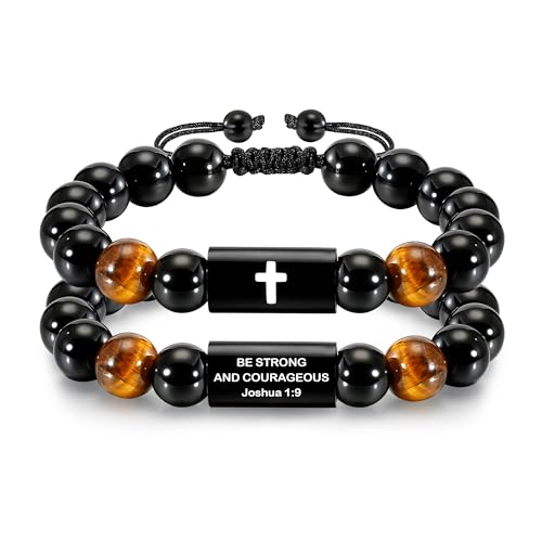 Natural Stones Handmade Cross Bracelet For Men Boys - color: Joshua 1:9