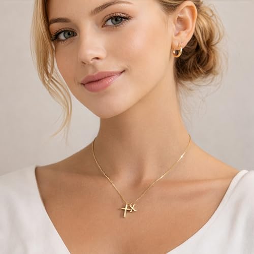 Cross Initial Necklace for Women, 14K Gold Plated Dainty Cross & Letter(A-Z) Pendant Necklace, Personalized Monogram Letter Christian Jewelry,Baptism First Communion Confirmation Easter Gift - color: X