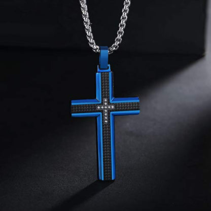 Men's Stainless Steel Cross Necklace,Two-Tone Black & Blue Carbon Fiber Pendant - Included Gift Box - style: Black & Blue XL002
