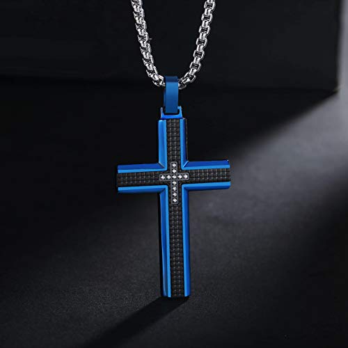 Men's Stainless Steel Cross Necklace,Two-Tone Black & Blue Carbon Fiber Pendant - Included Gift Box - style: Black & Blue XL002