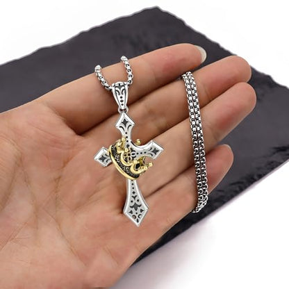 Elegant Cross Necklace for Men， Cross Pendant Necklace– Stainless Steel Chain with Detachable Crown Pendant