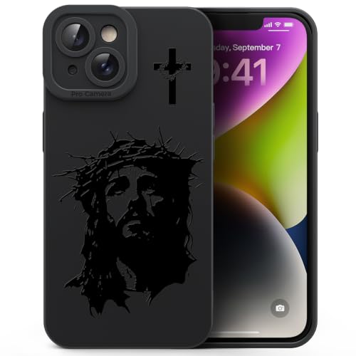 for iPhone 14 Plus Christian Phone Case, Crown Thorns Design - color: Black-Jesus Face, size: iPhone 14 Plus