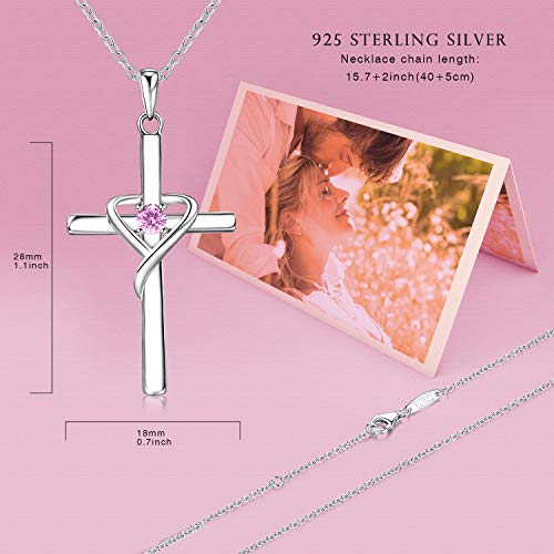 AmorAime 925 Sterling Silver Cross Necklace for Women Men 14K Gold Plated 5A CZ Birthstone Necklaces for Holiday - color: J.Pink-October-Tourmaline