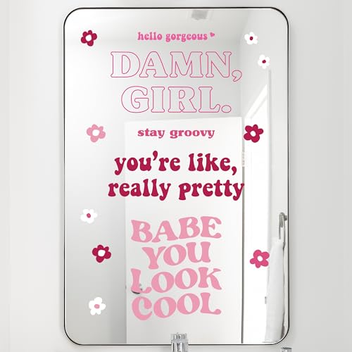 Empowering Pink Girl Quotes Decals - Set of 5 Colorful Stickers for Bathroom Mirror Bedroom Dorm Apartment Wall Decals Hello Gorgeous Stay Groovy - color: Pink Empowering