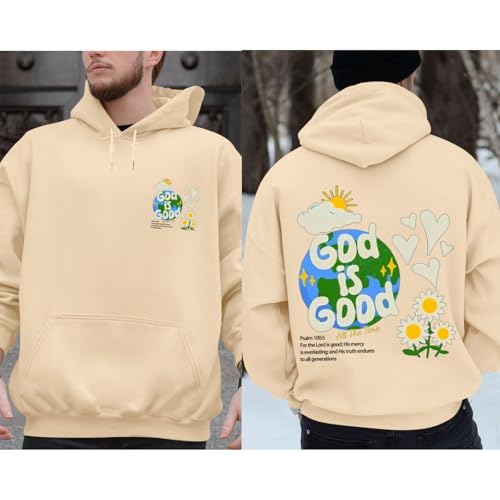 Christian Jesus Hoodies for Men God is Good Bible Verse Sweatshirt Inspirational Graphic Flower Religious Hoodie(Apricot,L)