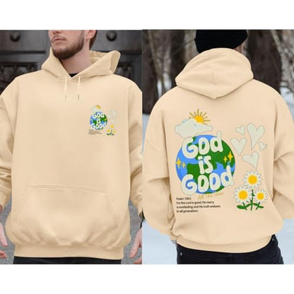 Christian Jesus Hoodies for Men God is Good Bible Verse Sweatshirt Inspirational Graphic Flower Religious Hoodie(Apricot,L)