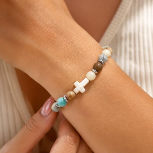 Cross Birthstone Gemstone Beaded Stretch Protection Bracelet for Man Woman, Handmade Healing Stone Chakra Beads Elastic Bracelets Accessories Fashion Jewelry Gift. - color: Natural Stone