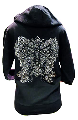 Black and Silver Rhinestone Cross and Angel Wings Black Zipper Hoodie - size: Small