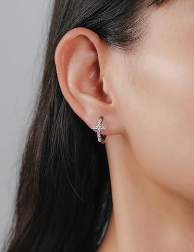 IMOLOVE Huggie earrings for women Ear Cuff Moissanite Stud Earrings Hypoallergenic Earrings for Women Sterling Silver with 18K White Gold Plated Earrings - color: 15.8mm Cross Hoop-White