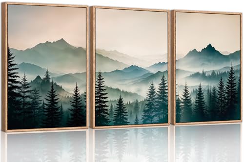 HPNIUB Large Green Mountain Framed Canvas Wall Art,Boho Foggy Forest Wall Decor,Modern Watercolor Pine Tree Wall Painting,Nature Mountains Landscape Art Print for Living Room,Bedroom,Office- 24"x36"x3 - color: Green Mountain Wall Art, size: 24"L x 36"W