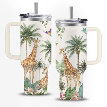 Giraffe 40 oz Tumbler, with Handle & Straw, Insulated Coffee Cup - color: Giraffe