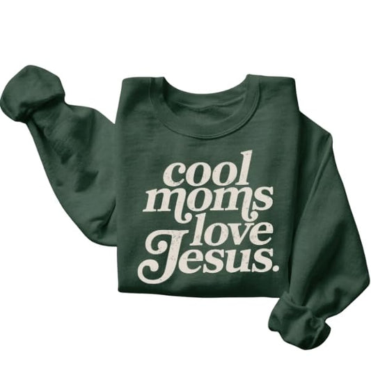 FITIN Cool Moms Love Jesus Christian Graphic Crewneck Sweatshirt – Distressed Design Faith-Based Pullover - color: Forest Green, size: Medium