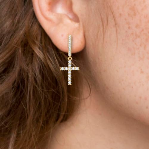 14K Gold Plated Cross Earrings for Women Men, CZ Cross Dangle Earrings Hypoallergenic Jewelry Gift - color: Gold