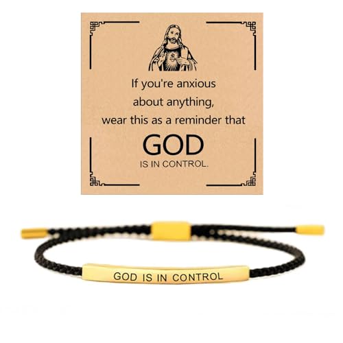 God is in Control Leather Bracelet, Stainless Steel Christian Faith Braided Engraved Bar Bracelets Self Worth Motivation Bracelet Inspirational Friendship Jewelry for Men Women - color: Black&Gold