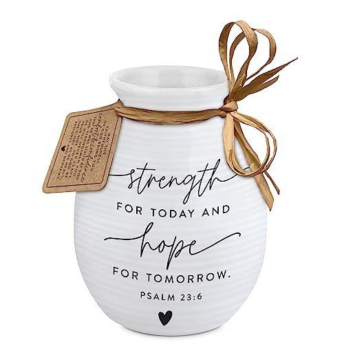 Lighthouse Christian Products Strength for Today and Hope for Tomorrow with Hand Tied Sign White 5 x 4 Ceramic Vase - style: Strength Hope