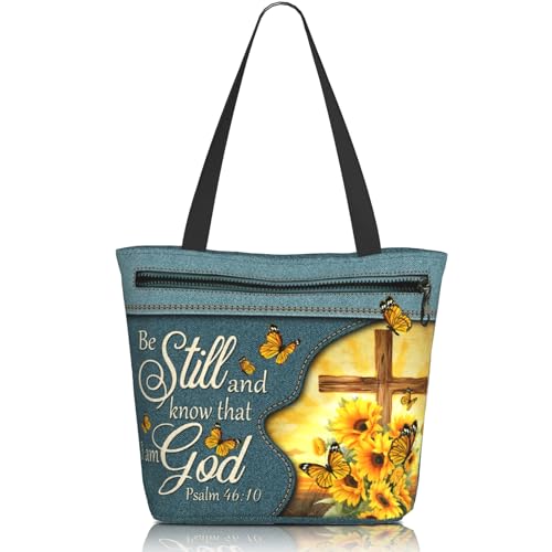Christian Gifts Reusable Shopping Tote Bag Zippered Inspirational Tote Bags for Women Bible Verse Shoulder Bag - color: Sunflower
