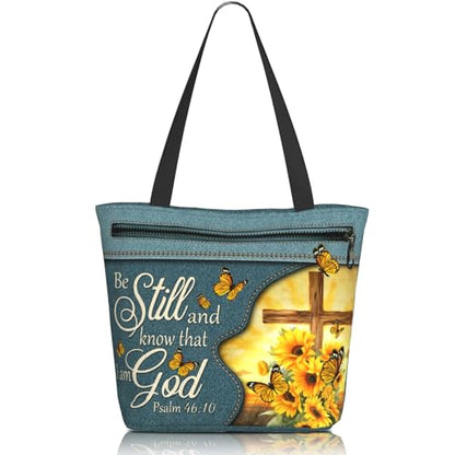 Christian Gifts Reusable Shopping Tote Bag Zippered Inspirational Tote Bags for Women Bible Verse Shoulder Bag - color: Sunflower