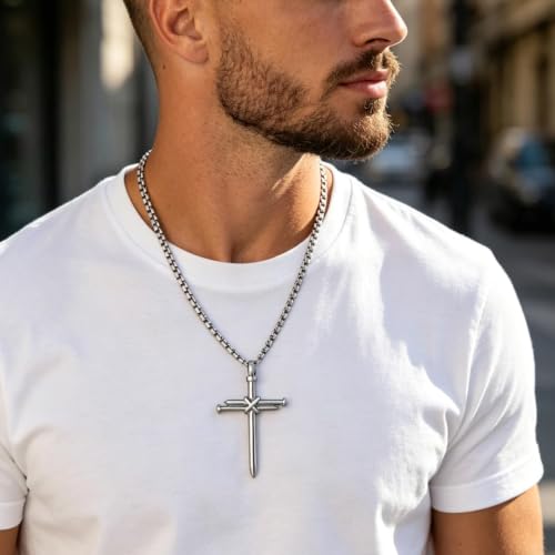 Men's Nail Cross Crucifix Necklace, Stainless Steel Nail Cross Pendant with 24 Inch Box Chain, Silver/Gold/Black Religious Christian Jewelry Gift for Baptism Father's Day Birthday - color: Silver