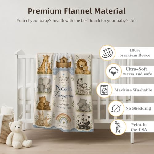 Personalized Noahs Ark Baby Blanket, Custom Baptism Baby Blanket - color: Beige #1