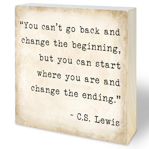 You Can't Go Back And Change The Beginning - Rustic Wooden Block Sign - 5'' Bible Verse Wooden Plaque - Christian Decor, Religious Gift for Women Men - Farmhouse Home Office Tabletop Shelf Decor -A01 - color: Bible-1