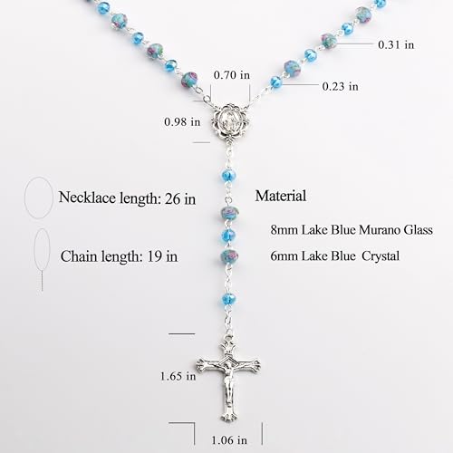 Murano Glass Rose Beads Catholic Virgin Mary Rosary Necklace Women - color: Lake Blue
