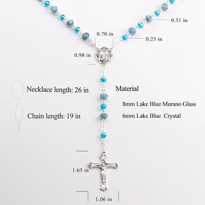 Murano Glass Rose Beads Catholic Virgin Mary Rosary Necklace Women - color: Lake Blue