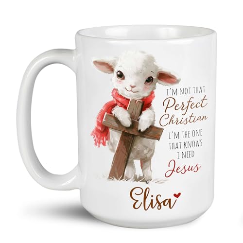 Customized Coffee Mug With Adorable Sheep Is Hugging Cross, Personalized Unique Name On Tea Mugs, Custom Christian Travel Cup, Inspiration Christ Mug Gift For Family, Accents Mugs - color: XUA-324-1557-Sheep Is Hugging Cross