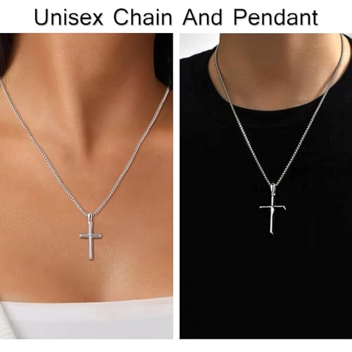Small Dainty Cross Pendant Necklace 925 Sterling Silver for Women with 18", 20" Sturdy Chain 14K White Gold Plated - size: 20" Chain, style: Chamfered