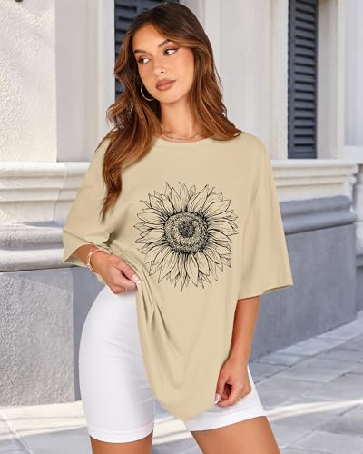 Womens Oversized Tshirt Graphic Tees Crew Neck Summer Short Sleeve Tops - color: A-sunflower Print Khaki, size: Medium