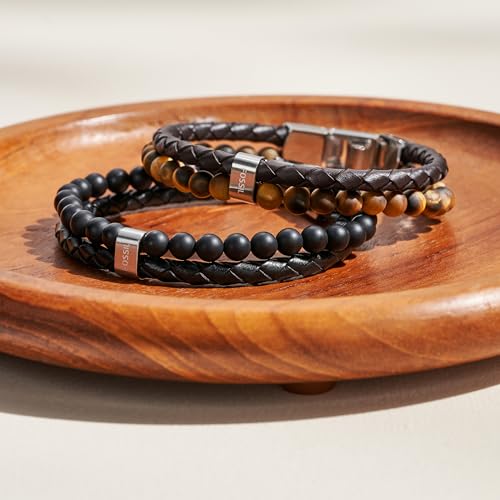 Fossil Men's Beaded Bracelet - color: Tigers Eye/Brown/Leather