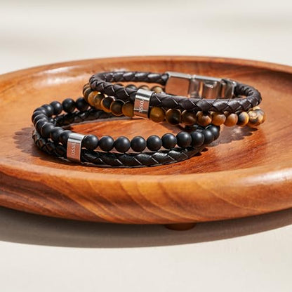 Fossil Men's Beaded Bracelet - color: Tigers Eye/Brown/Leather