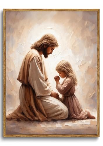 KISSFOX Jesus Praying with Girl Wall Art Christian Canvas Prints - color: Jesus And Praying Girl, size: 12"x16" Natural