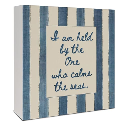 Inspirational Christian Coastal Decor, I Am Held By The One Who Calms The Seas Blue Beige Stripe Christian Ocean Beach Bible Verse Wood Signs for Home Room Apartment Desk Table Shelf,5x5 Inch - color: I Am Held By The One Who Calms The Seas