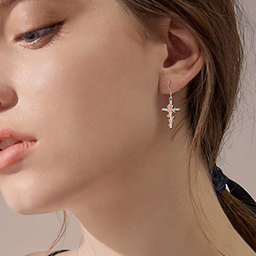 LUHE Sterling Silver Corss/Daisy/Musica Note Dangle Earrings for Women - style: Cross Earrings with Rose