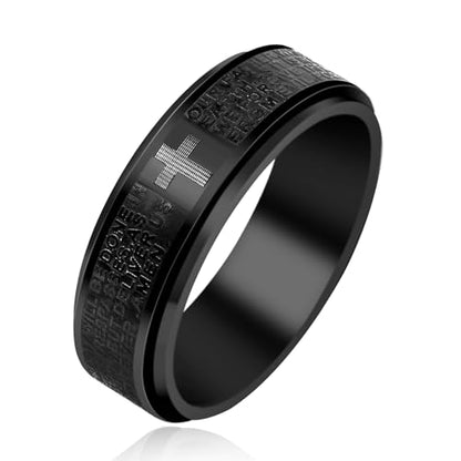 Uloveido Lord's Religious Prayer Cross Spinner Ring for Men Engraved with Bible Verse Our Father Deliver Us From The Evil - 8mm Wide Black Titanium Steel Anxiety Fidget Band Praying Rings for Christian YA4879