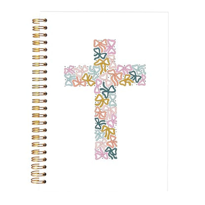 KAOWT Pastel Bow Cross Christian Notebook Journal, Bible Notebooks for Note Taking, Prayer Journal for Woman, Girly Preppy Religious Hardcover Spiral Notebook 5.5x8.3in - color: notbook bible-jesus bow
