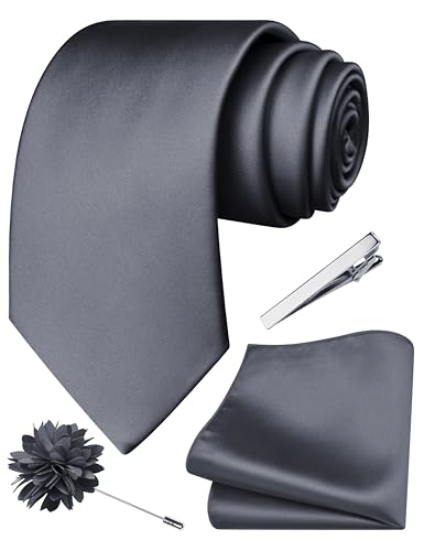 Branduce 3.15"（8cm） Mens Tie and Lapel Pin Solid Necktie Handkerchief Tie Clip Set for Men - color: Dark Grey